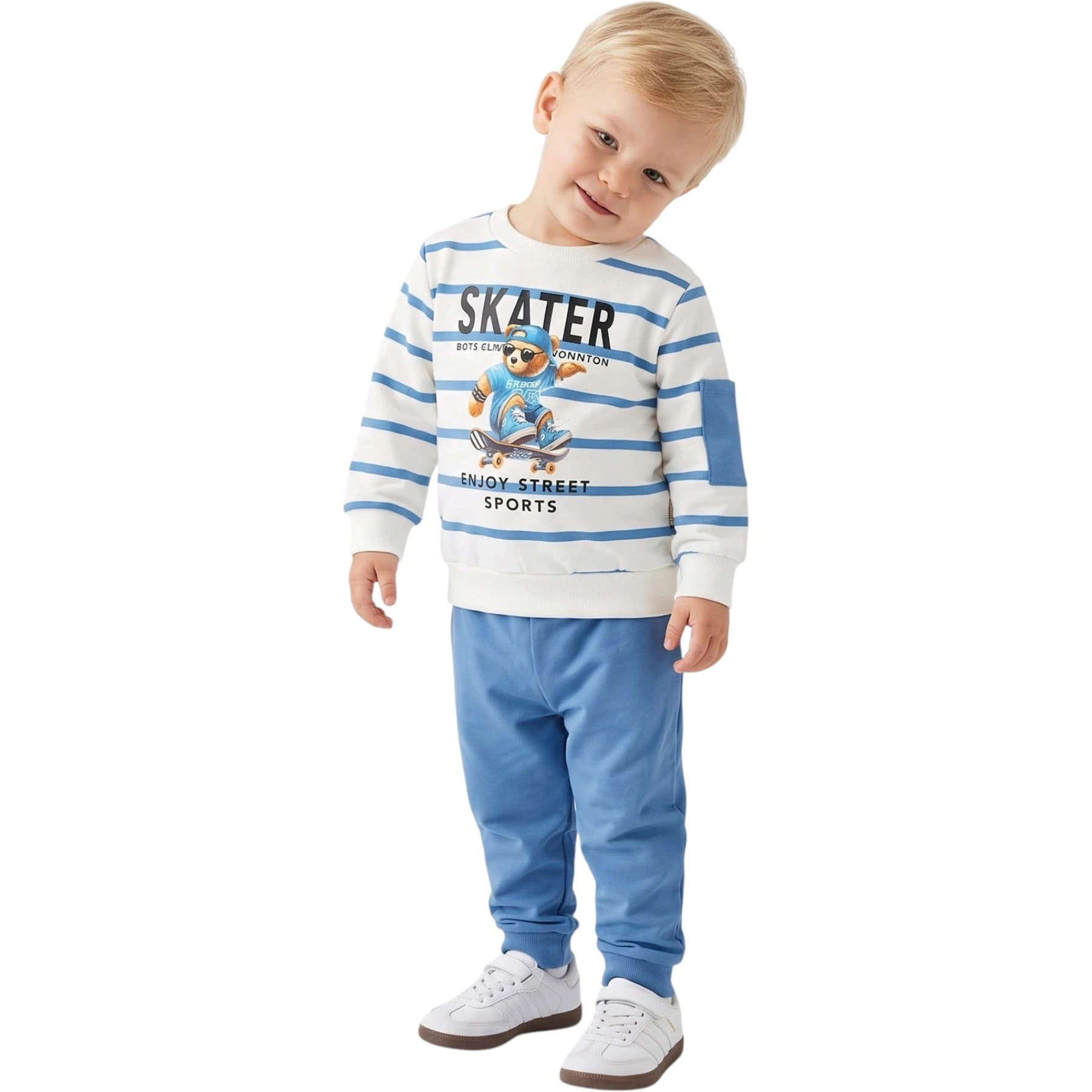3 BOYUTLU SKATER BEAR ÇİZGİLİ MEVSİMLİK ERKEK BEBE TAKIMI 12 Ay,2Y,3Y,4Y Erkek