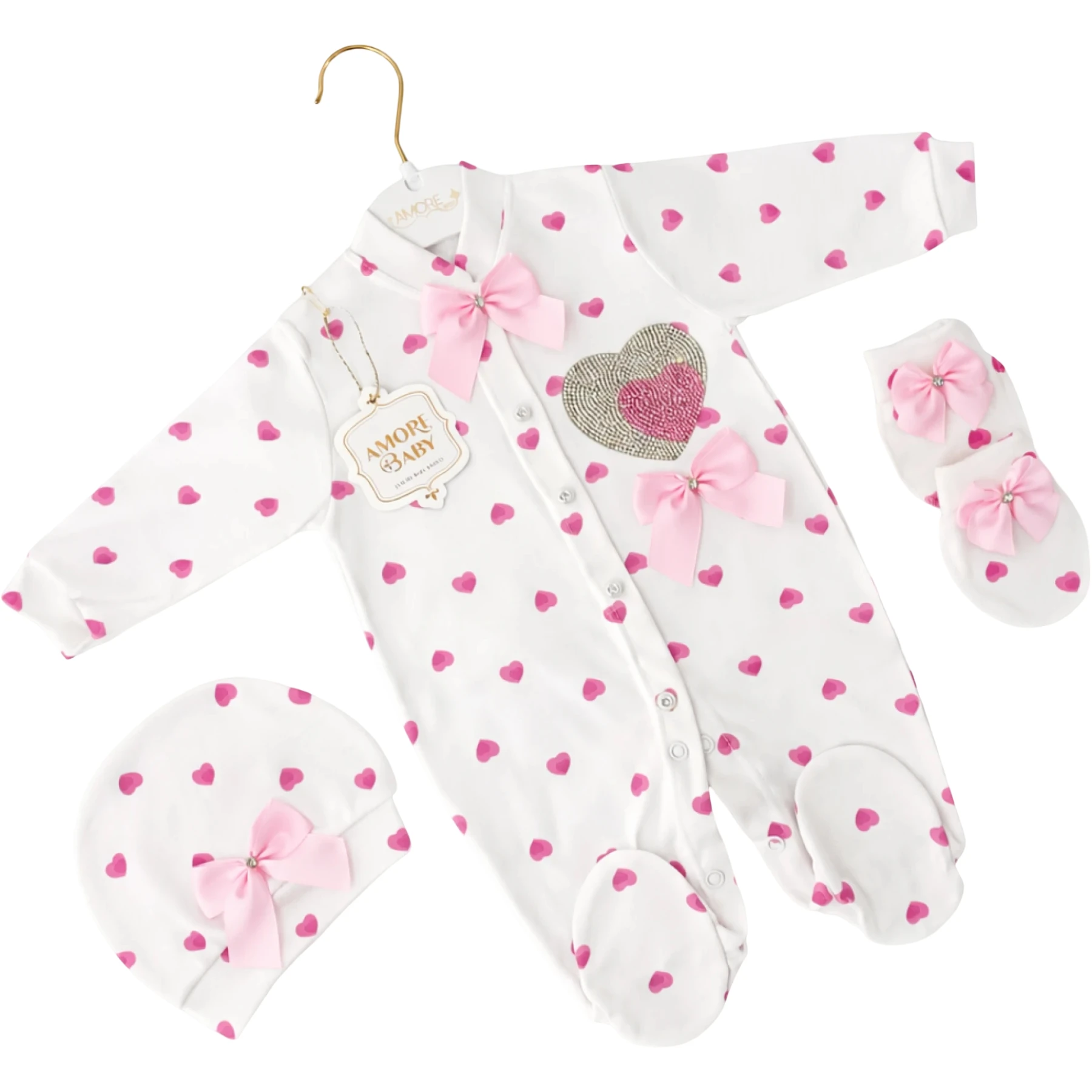 AMORE BABY PEMBE KALP BASKILI TULUM SETİ 3 Ay,6 Ay,9 Ay Kız