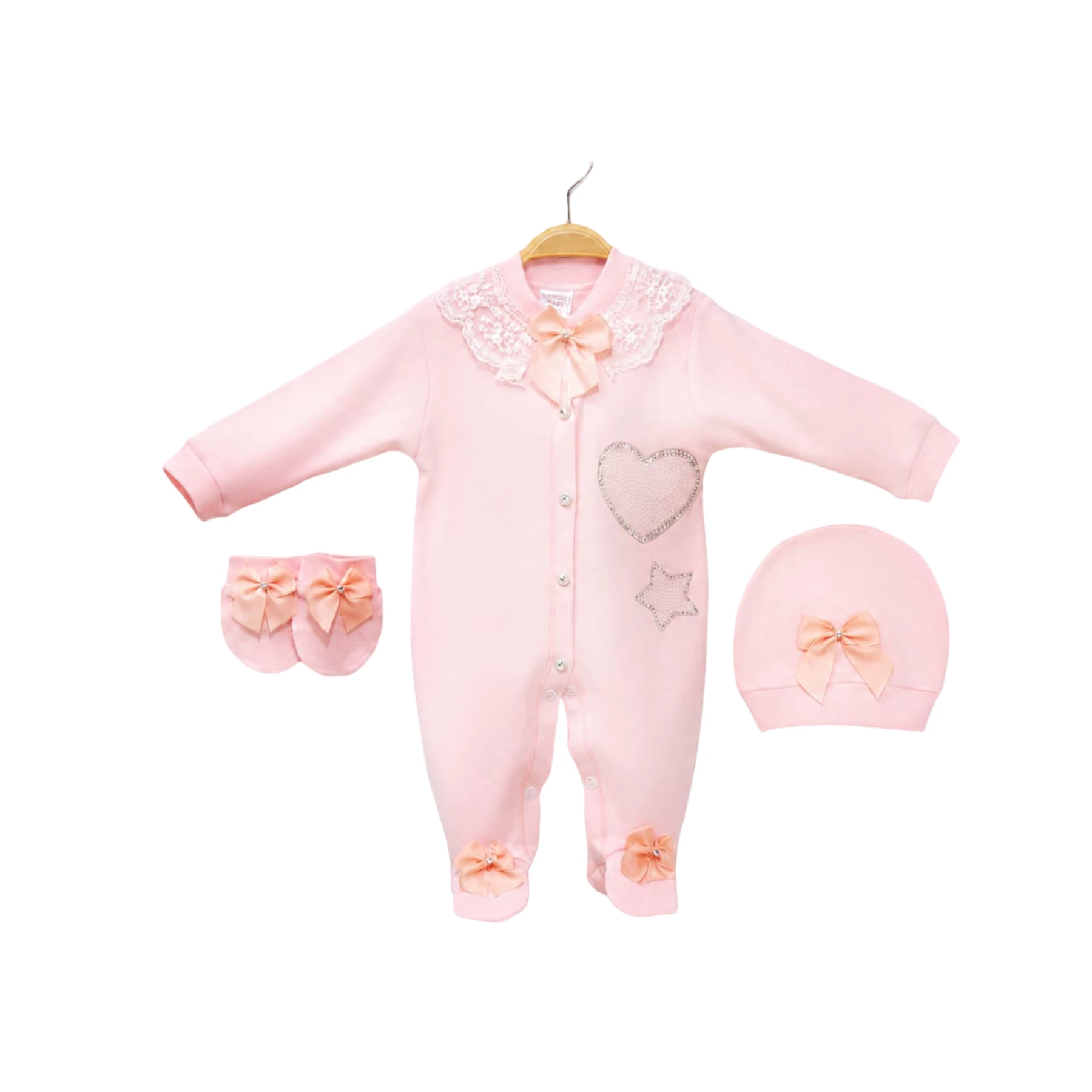 AMORE BABY YILDIZLI KALP TULUM SETİ 3 Ay,6 Ay,9 Ay Kız