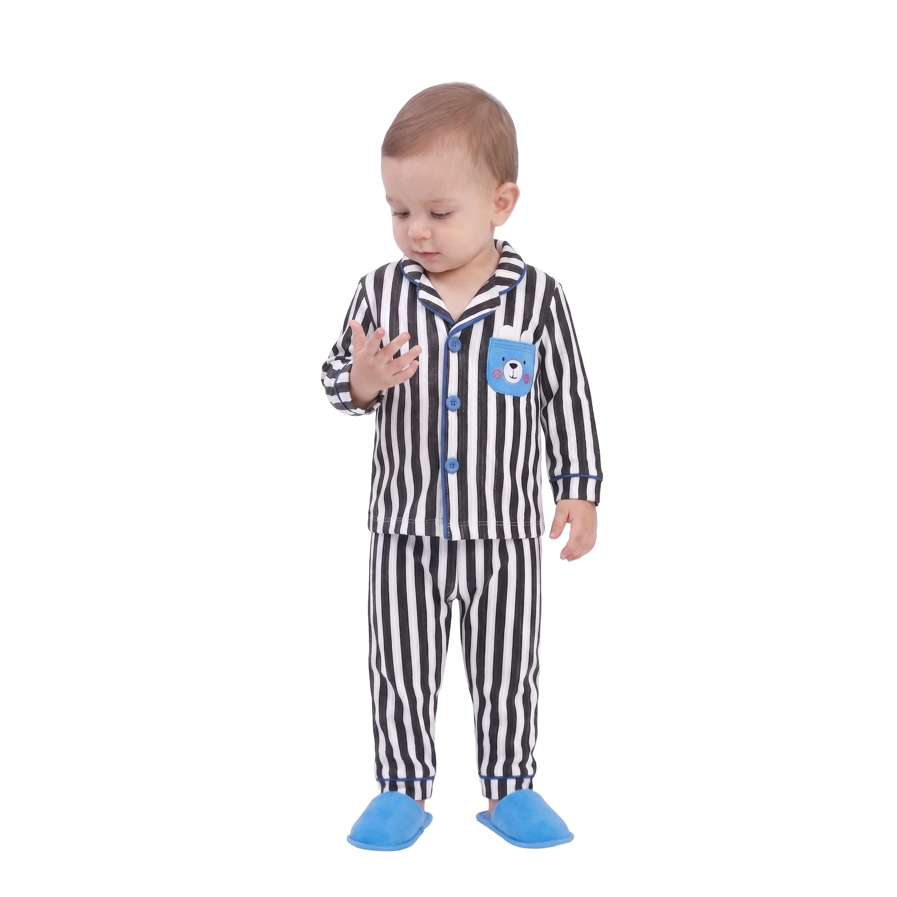 AYICIK CEPLİ ÇİZGİLİ TERLİKLİ YAKALI PİJAMA TAKIM  12 Ay,2Y,3Y Erkek