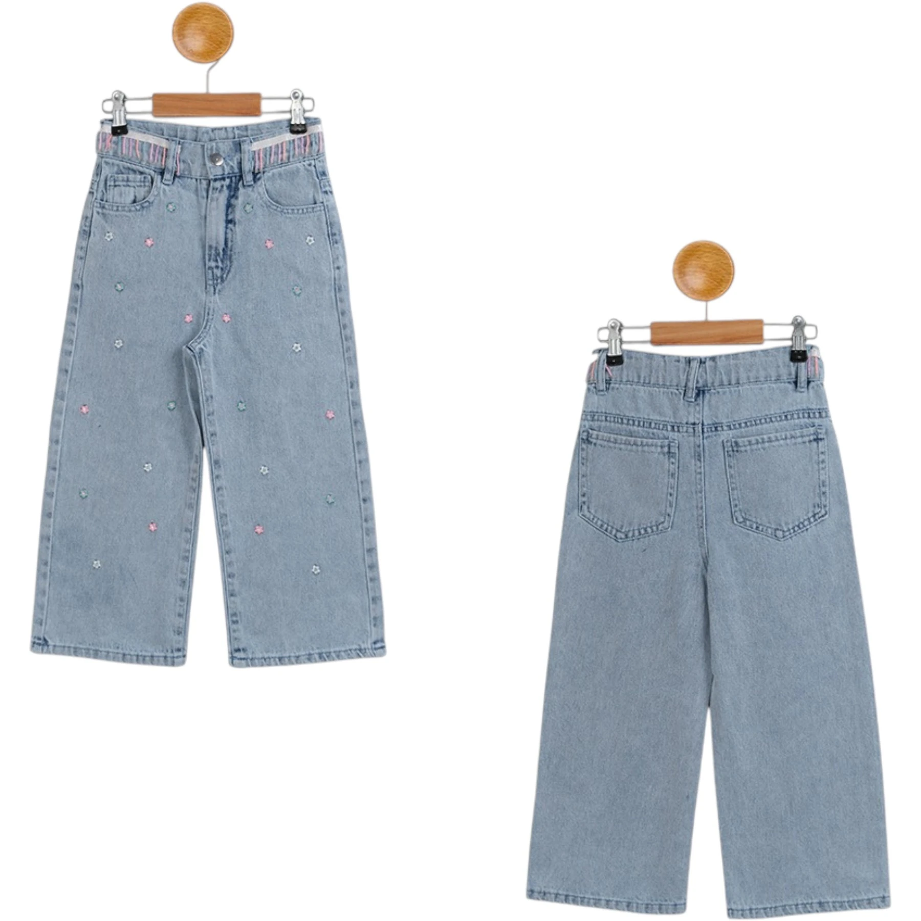 BEL KEMERLİ BONCUKLU NAKIŞLI KIZ KOT PANTOLON  5Y,6Y,7Y,8Y Kız