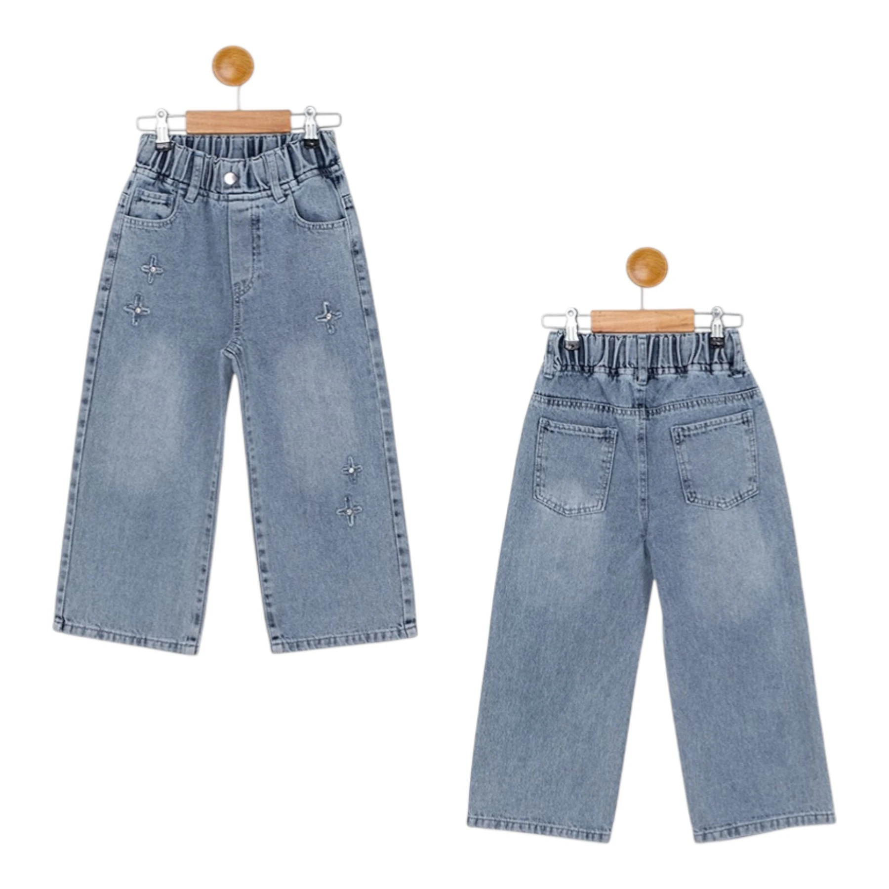 BEL LASTİKLİ NAKIŞLI TAŞLI KIZ KOT PANTOLON  5/8 YAŞ Kız