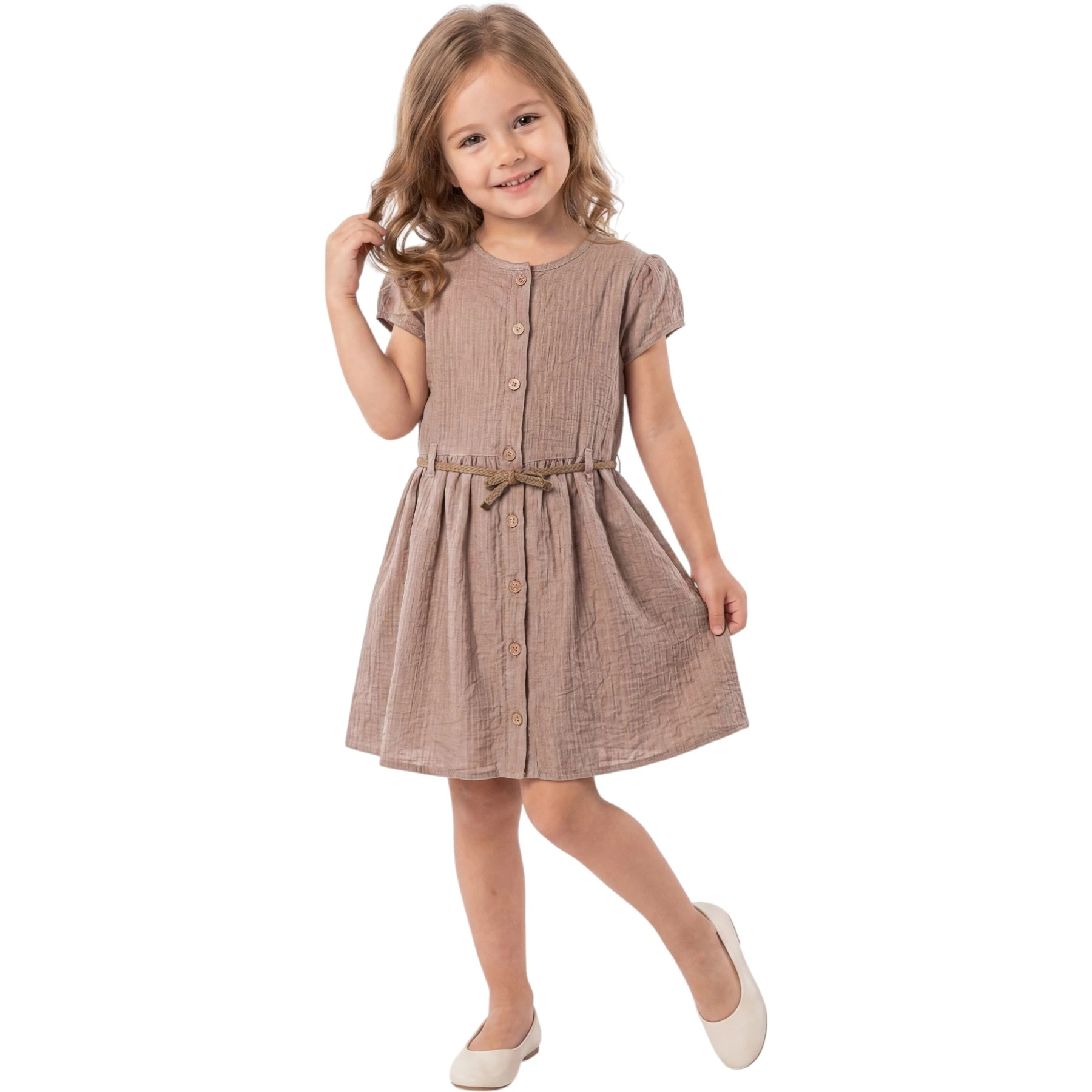 BELİ KEMERLİ DÜĞMELİ ORİS KIZ ELBİSE  2Y,3Y,4Y,5Y Kız