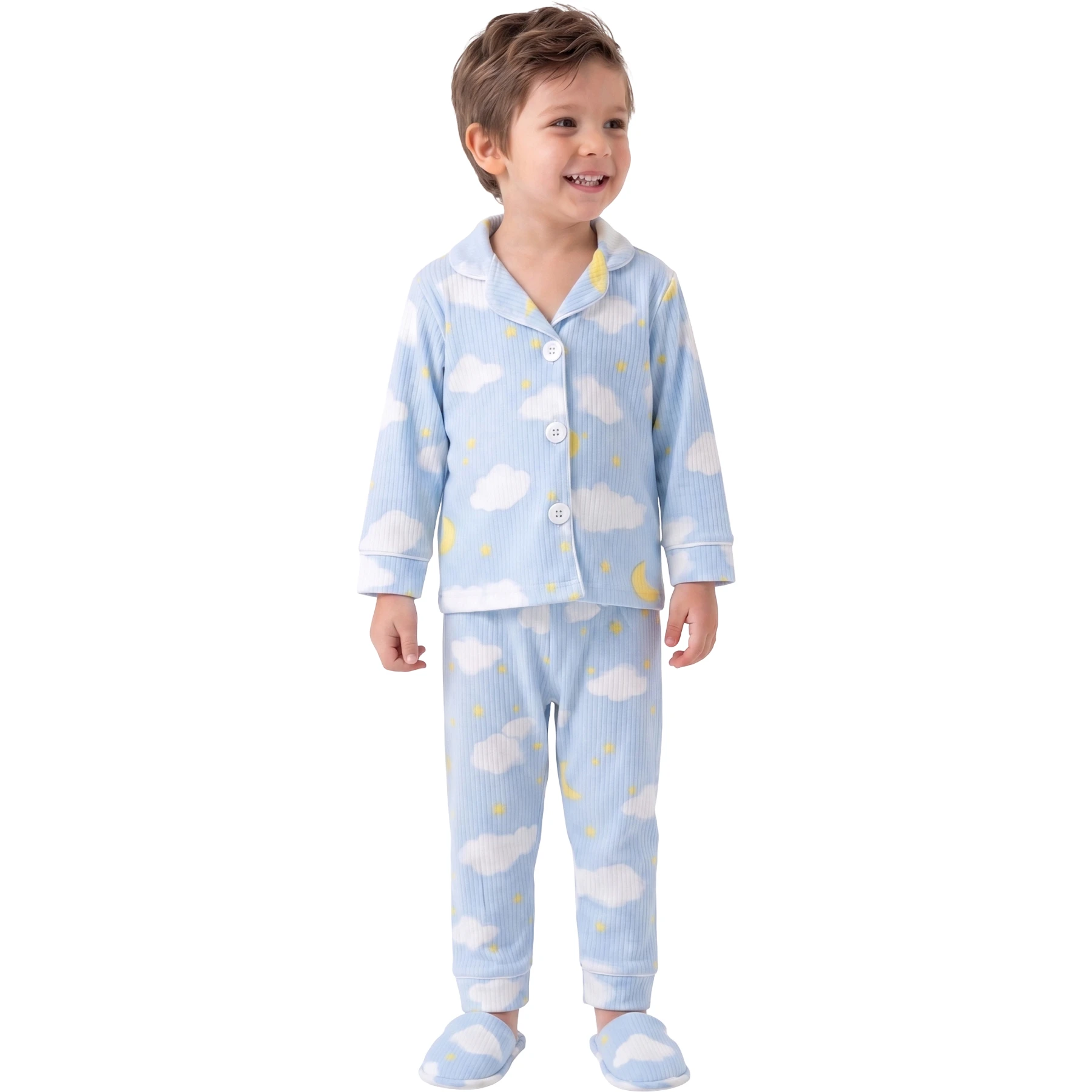 BULUTLU MAVİ TERLİKLİ ERKEK 3'LÜ PİJAMA TAKIMI  4Y,5Y,6Y Erkek