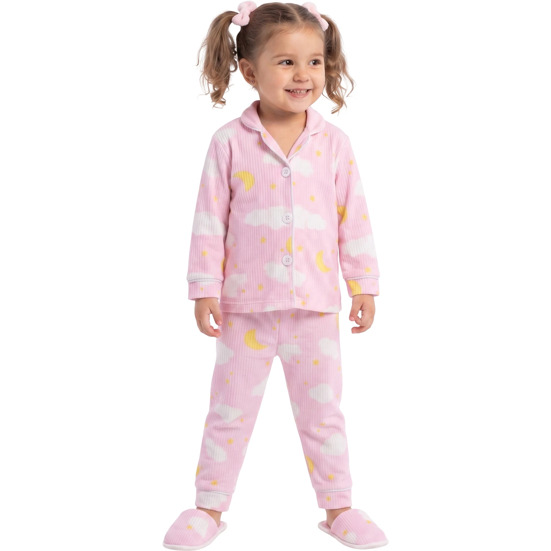 BULUTLU PEMBE TERLİKLİ KIZ 3'LÜ PİJAMA TAKIMI  4Y,5Y,6Y Kız