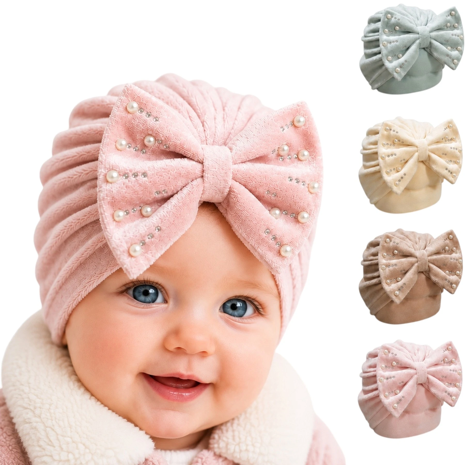 CAP&MORE KADİFE BONE İNCİ FİYONK  3 Ay,6 Ay,9 Ay,12 Ay,18 Ay Kız
