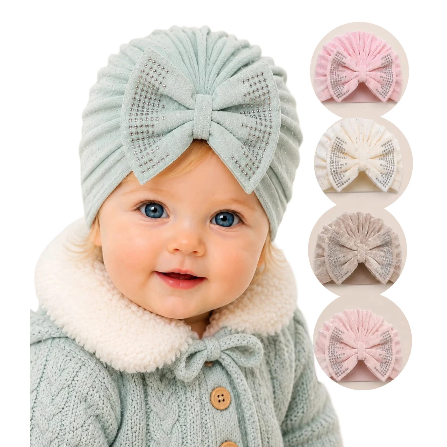 CAP&MORE KADİFE BONE TAŞ BASKI FİYONK  3 Ay,6 Ay,9 Ay,12 Ay,18 Ay Kız
