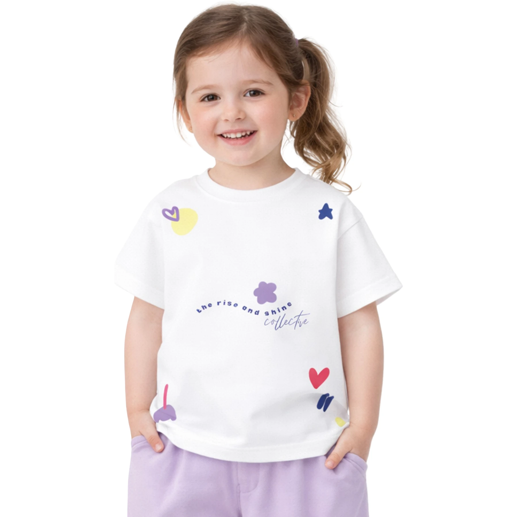 ÇİÇEK KALP BASKILI KISA KOLLU TİŞÖRT  2Y,3Y,4Y,5Y Kız