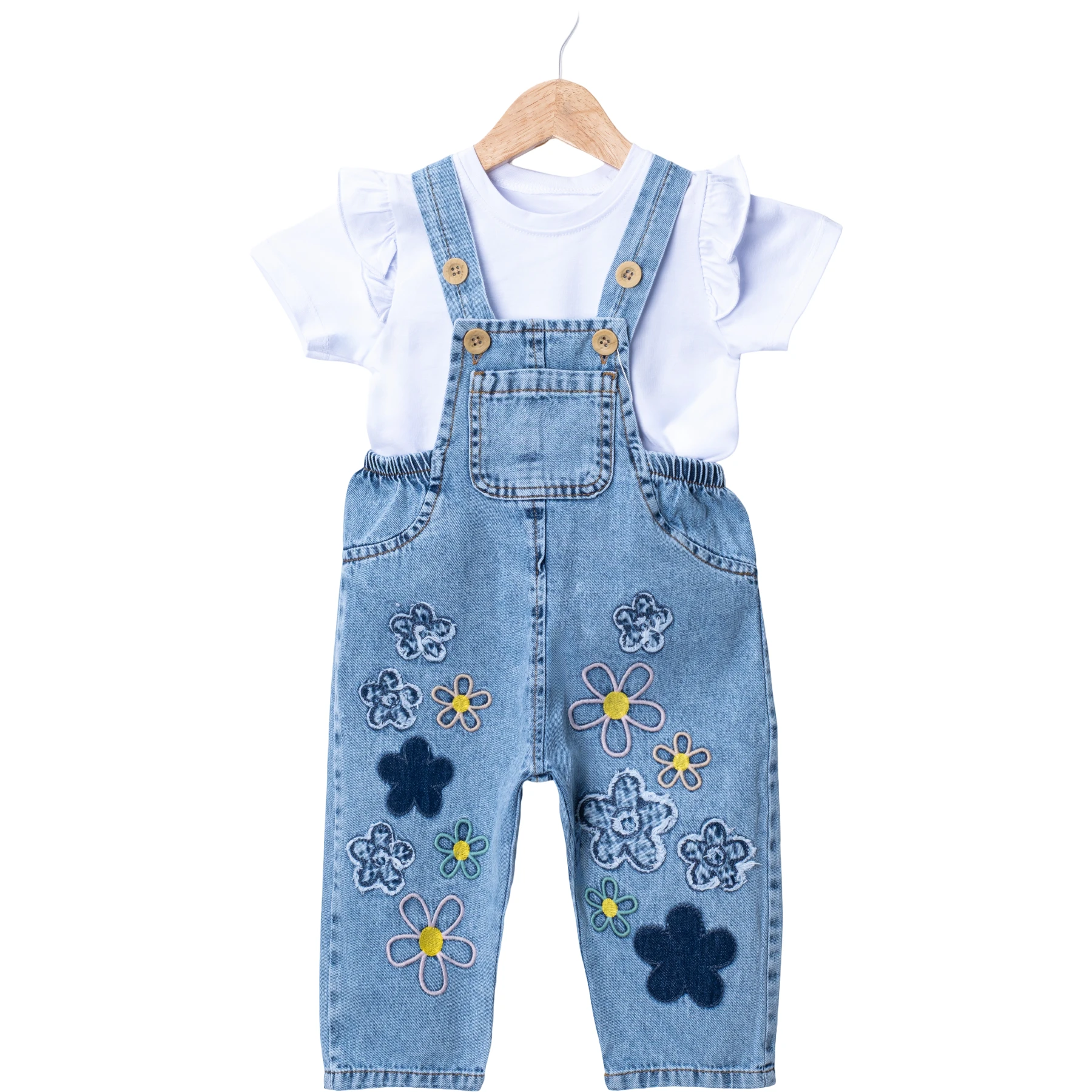 ÇİÇEK NAKIŞLI KOT SALOPET  12 Ay,2Y,3Y,4Y Kız