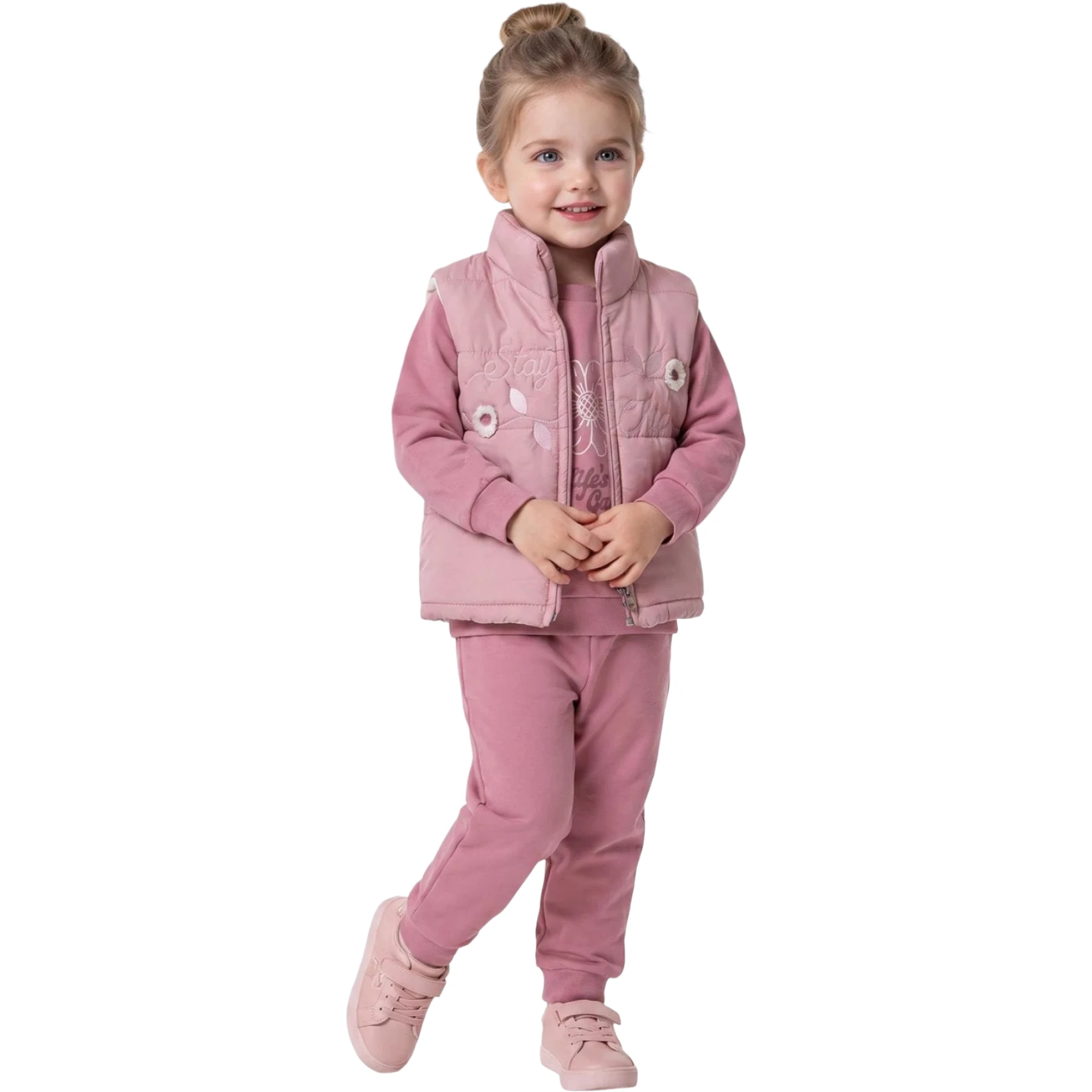 ÇİÇEKLİ NAKIŞLI ŞİŞME YELEK TAKIM  9 Ay,12 Ay,18 Ay,2Y Kız