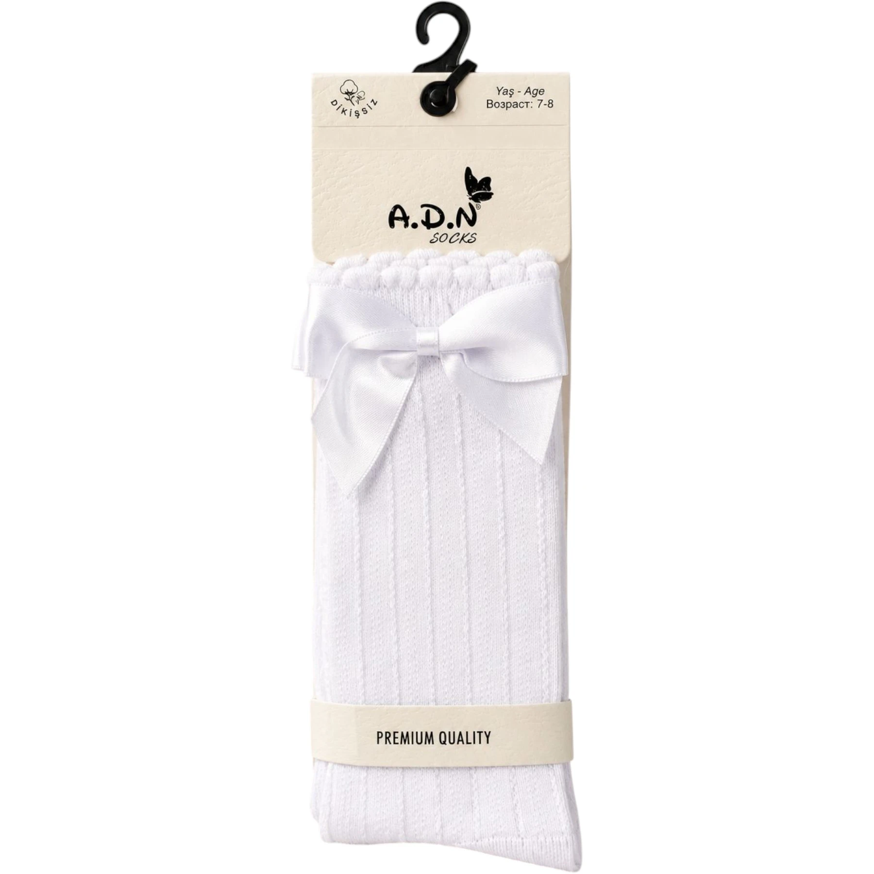 FİYONKLU BEYAZ LÜKS KABARTMALI YIKAMALI DİZLATI ÇORAP  12 Ay,2Y Kız