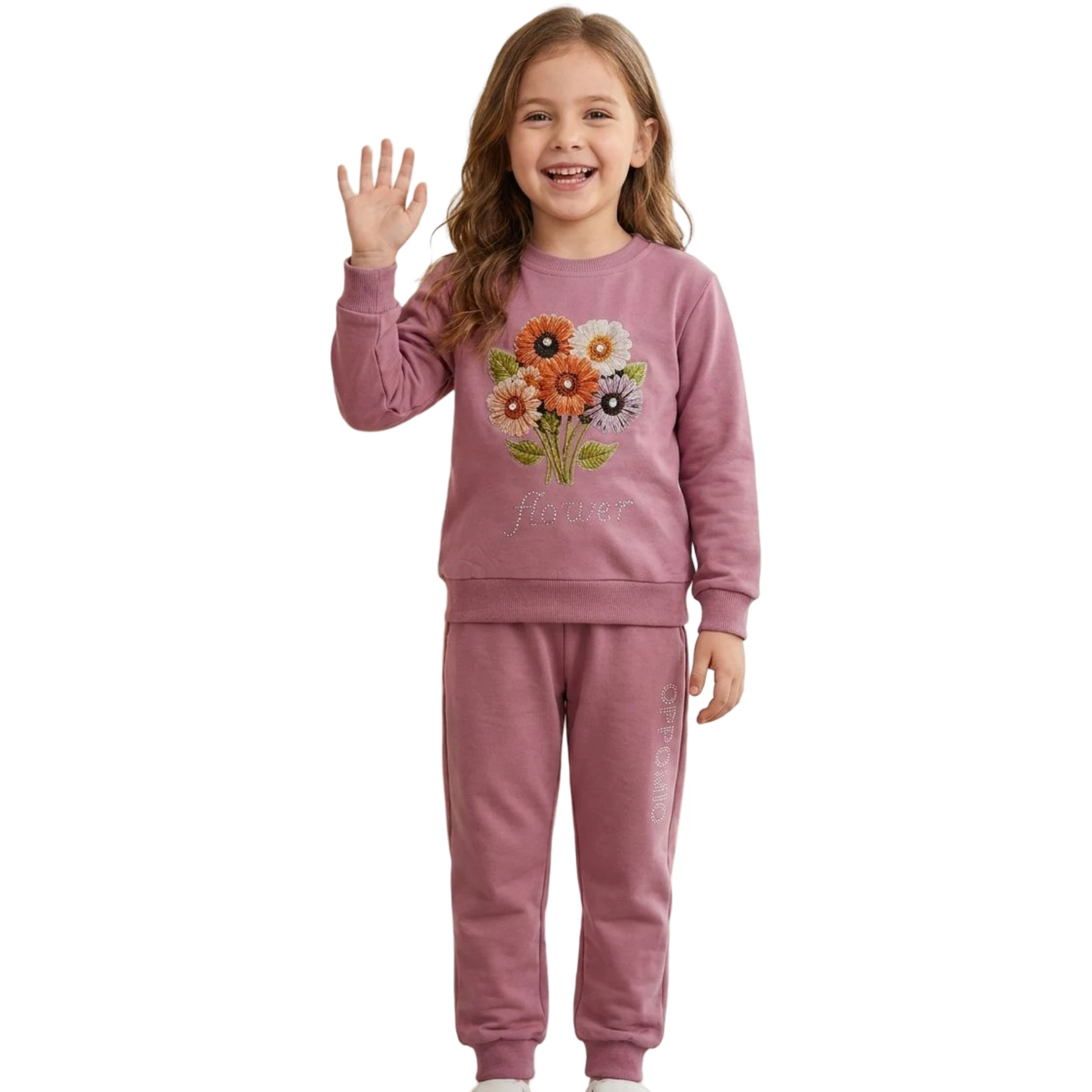 FLOWERS TAŞ BASKI ÇİÇEK BASKILI KIZ İKİLİ TAKIM 3Y,2Y,4Y,5Y,6Y,7Y,8Y Kız