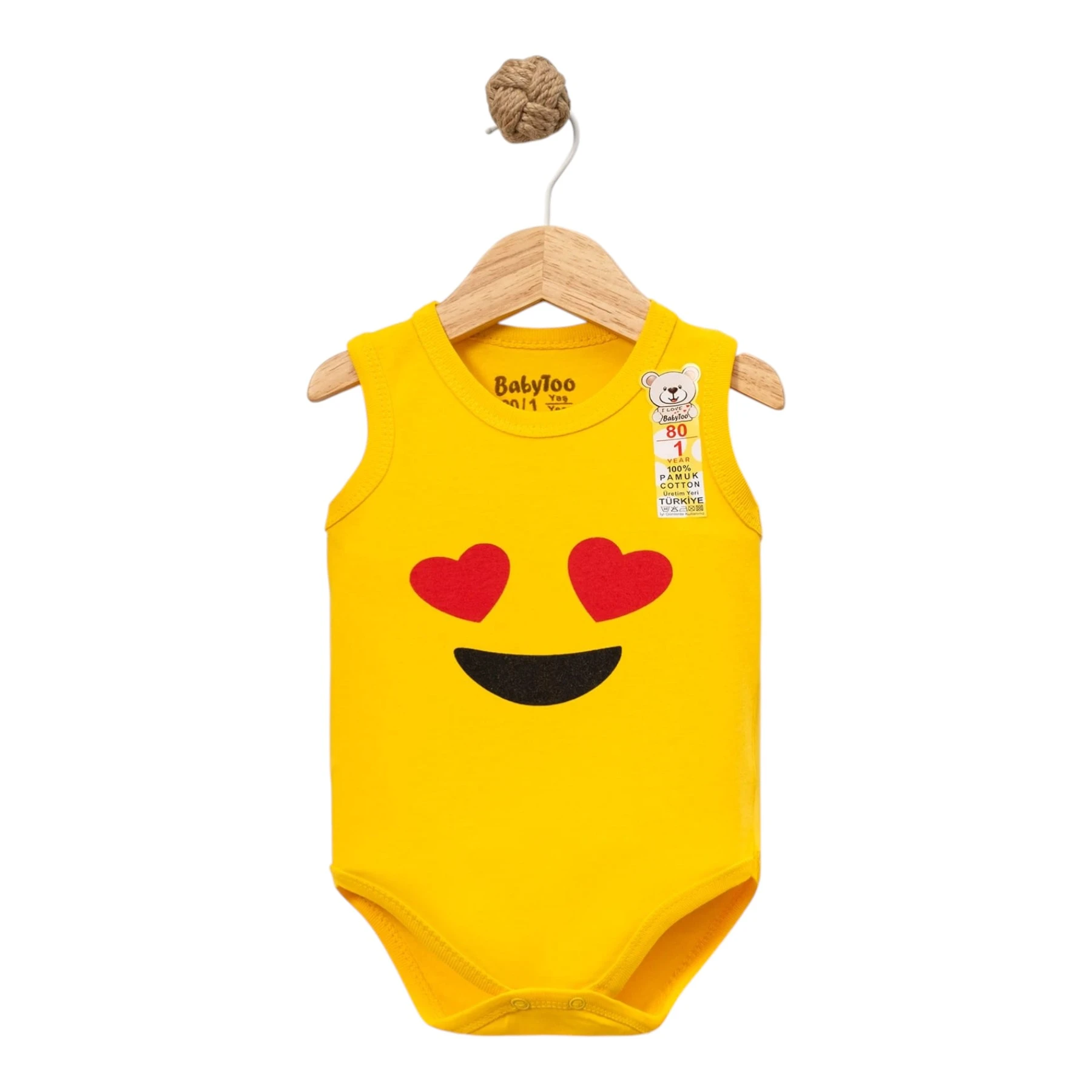 GÖZÜ KALPLİ EMOJİ BASKILI ASKILI BADİ  3 Ay,6 Ay,9 Ay,12 Ay,18 Ay Uni