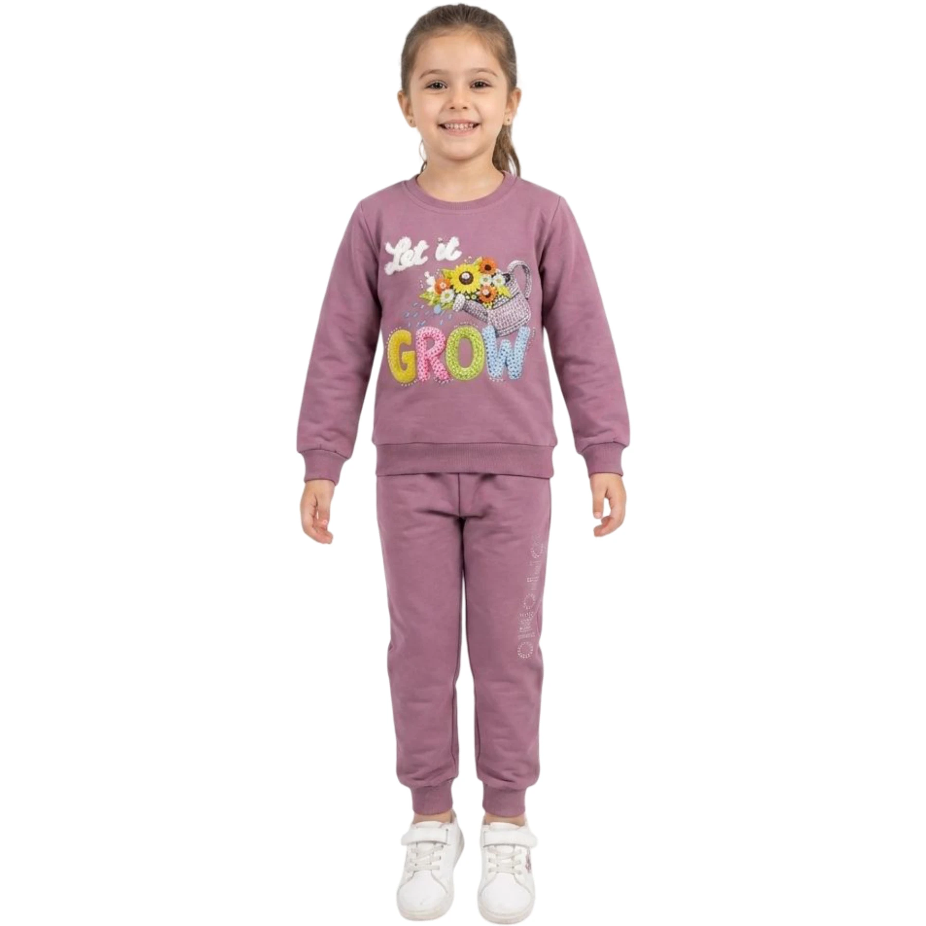 GROW ÇİÇEK PET BASKILI TAŞ SÜSLEMELİ KIZ ÇOCUK İKİLİ TAKIM 3Y,2Y,4Y,5Y,6Y,7Y,8Y Kız
