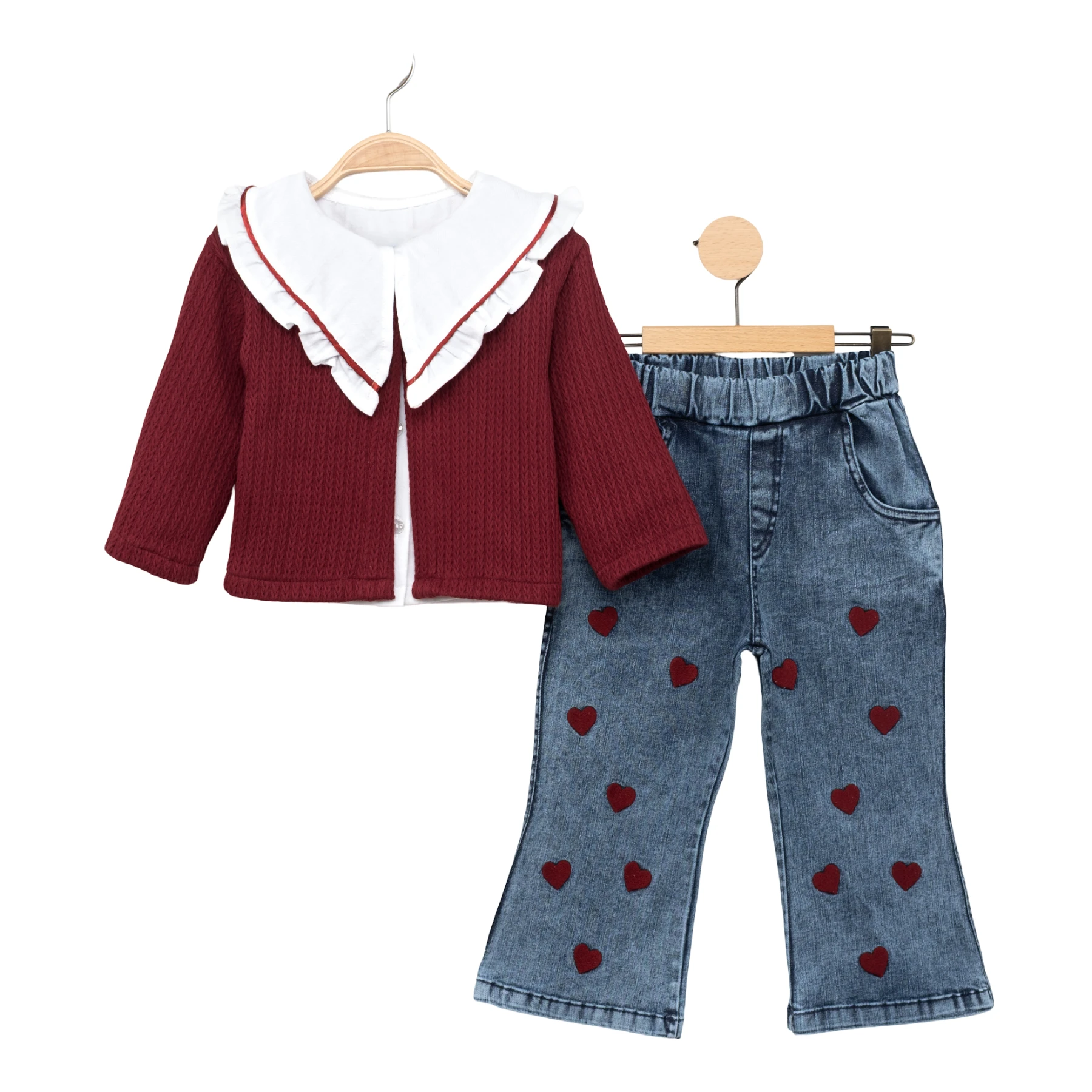 KALP NAKIŞLI KOTLU ÖRGÜ HIRKALI TAKIM 2Y,3Y,4Y,5Y Kız