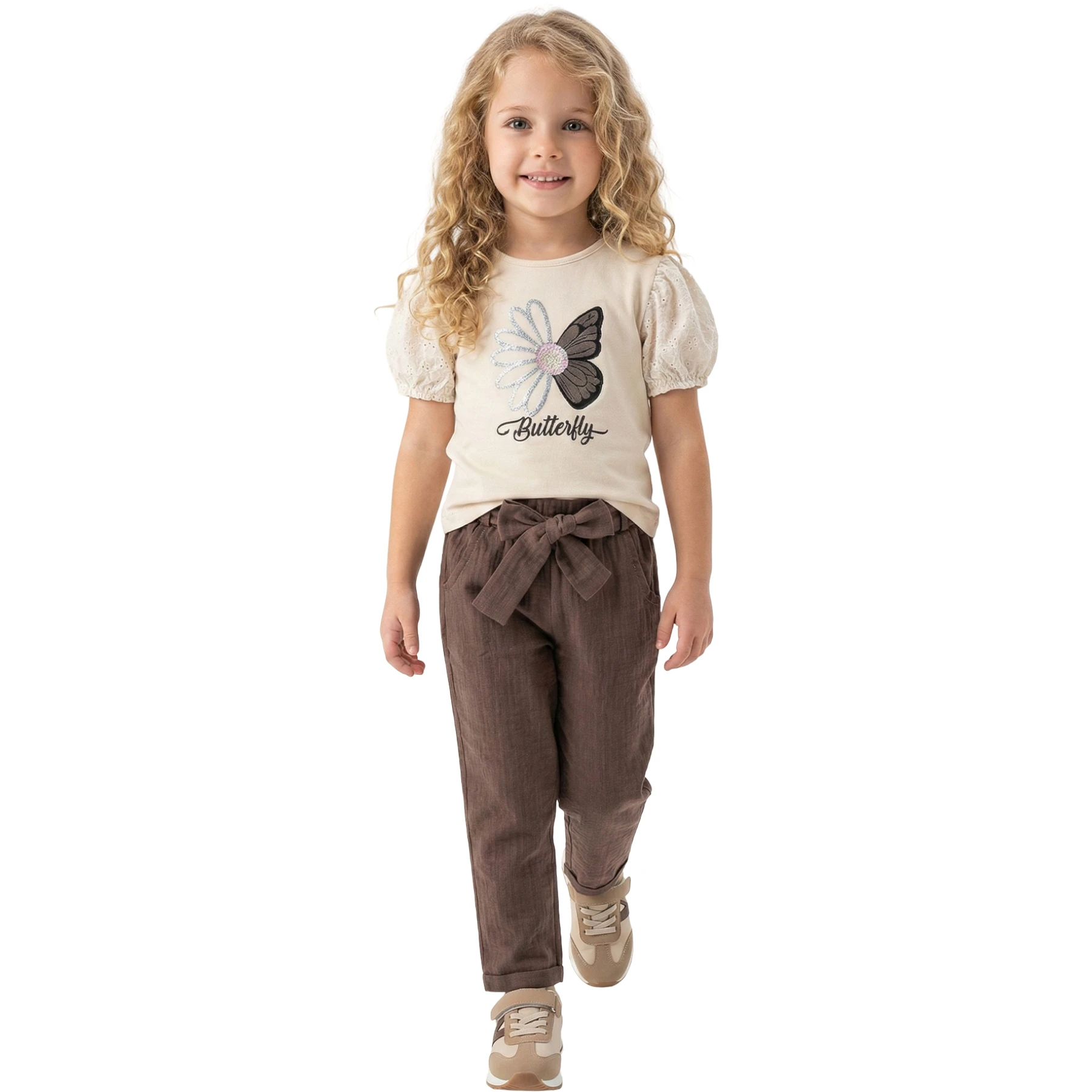 KELEBEK NAKIŞLI DANTEL KOLLU KIZ TAKIM  2Y,3Y,4Y,5Y Kız