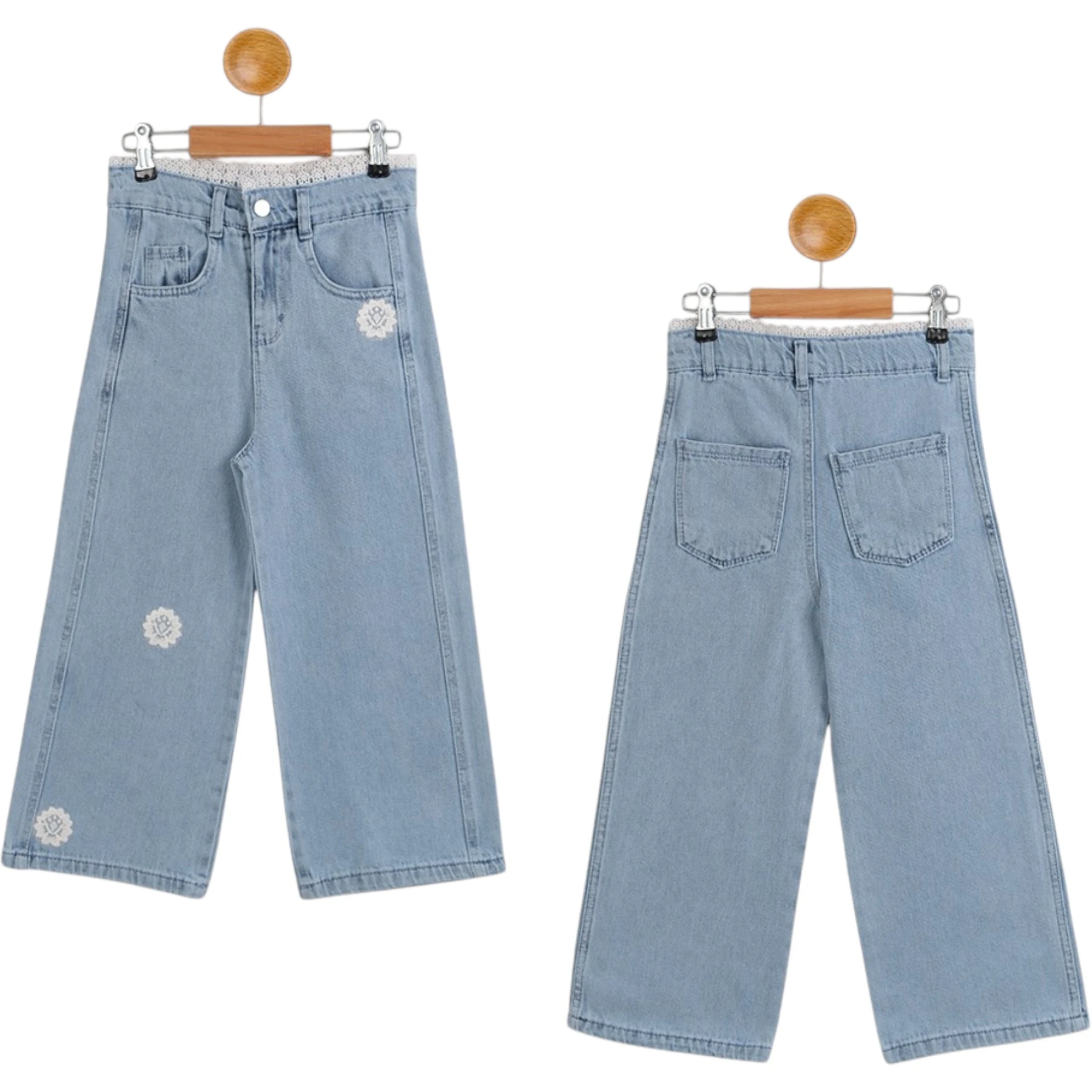 KEMERLİ BEL DANTELLİ KIZ KOT PANTOLON  11Y,12Y,13Y,14Y,15Y Kız