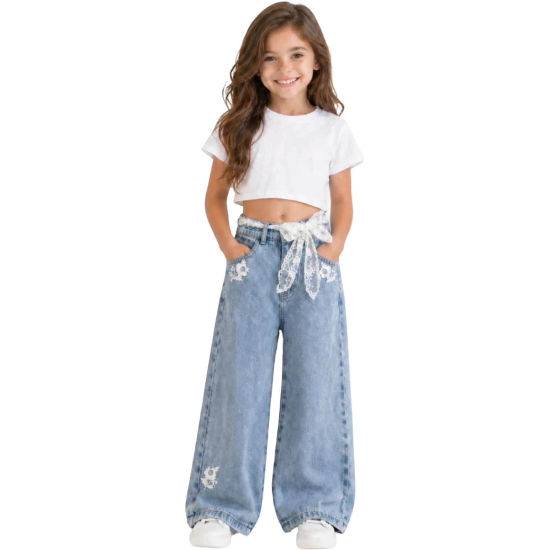 KEMERLİ DANTELLİ BORU PAÇA KIZ KOT PANTOLON  6Y,7Y,8Y,9Y,10Y Kız