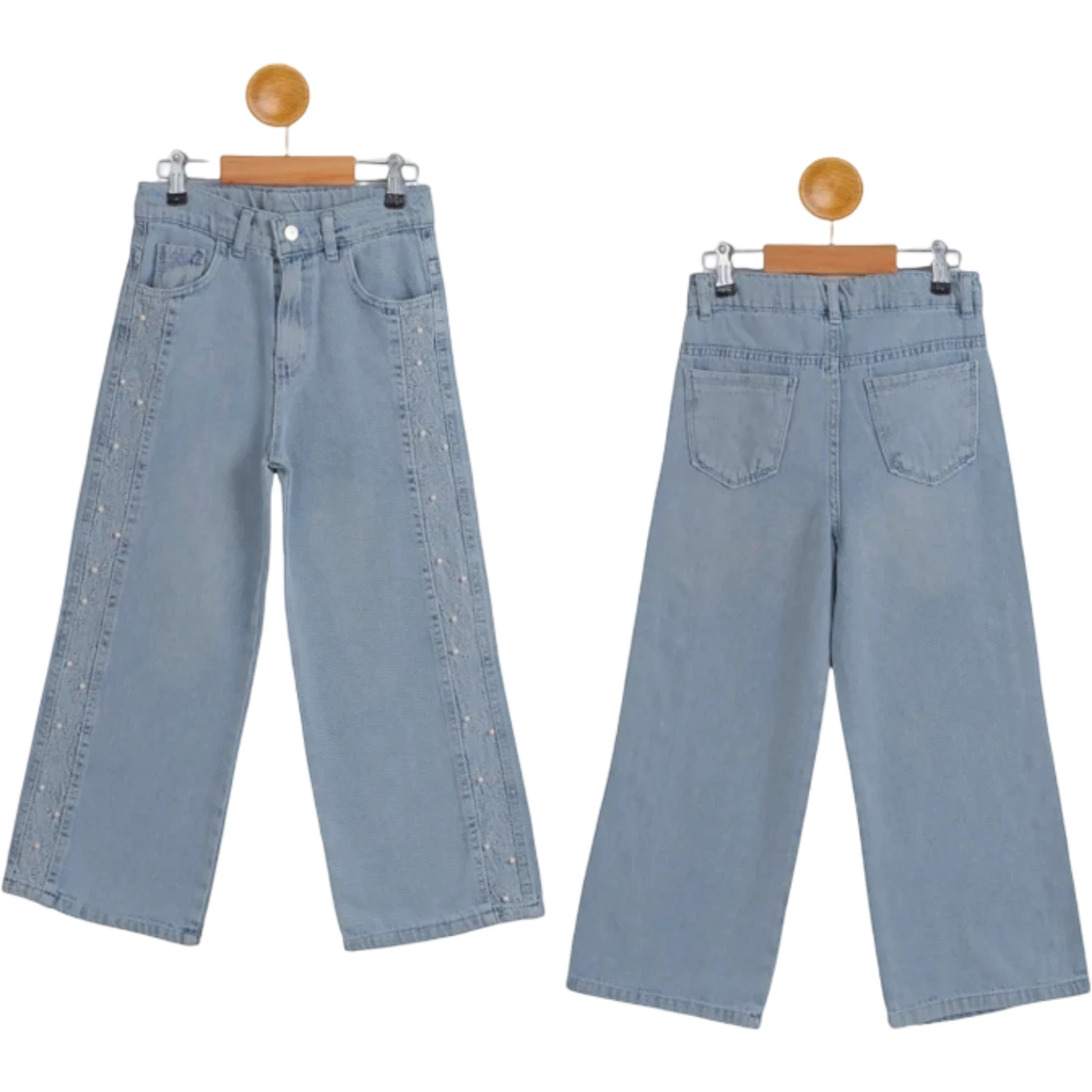 KEMERLİ NAKIŞLI İNCİLİ  TAŞLI KIZ KOT PANTOLON  6Y,7Y,8Y,9Y,10Y Kız