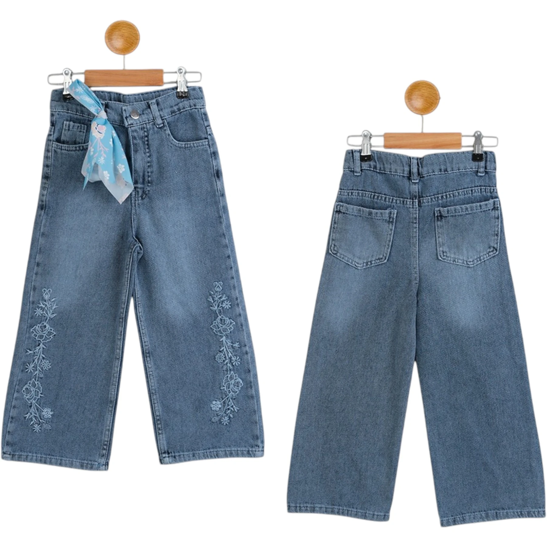 KEMERLİ NAKIŞLI KIZ KOT PANTOLON  11Y,12Y,14Y,13Y,15Y Kız