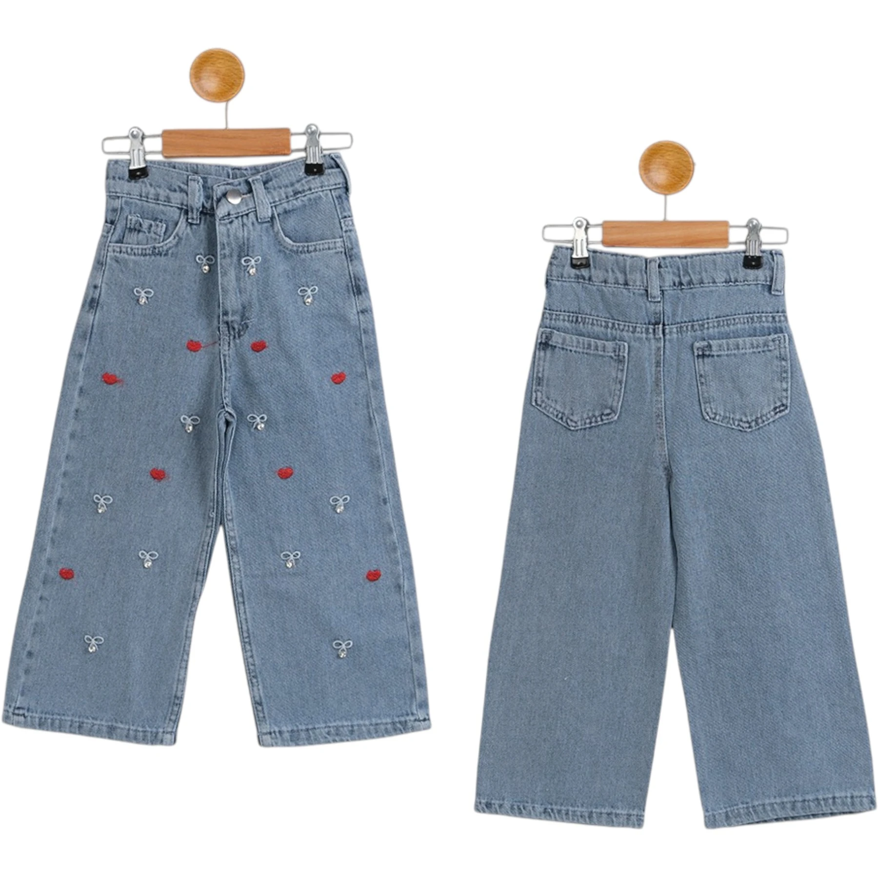 KEMERLİ NAKIŞLI TAŞLI KIZ KOT PANTOLON  9Y,10Y,11Y,12Y Kız