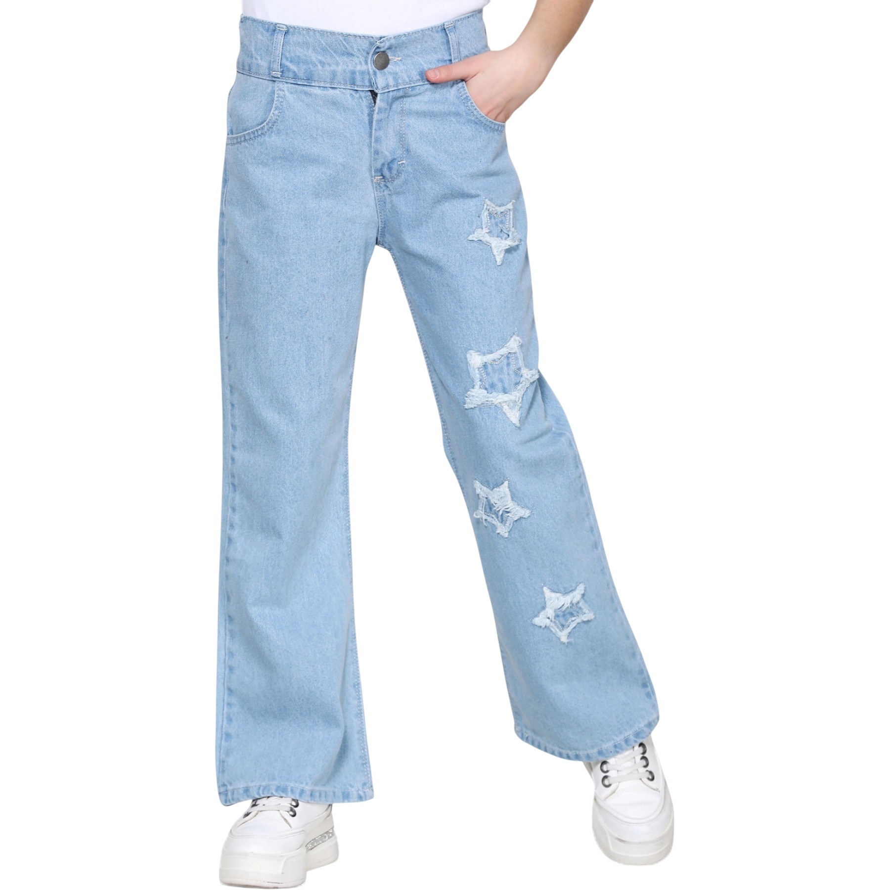 KIZ COTTON PALAZZO SOL BACAK YILDIZ BUZ MAVİ 6Y,9Y,8Y,7Y,10Y Kız