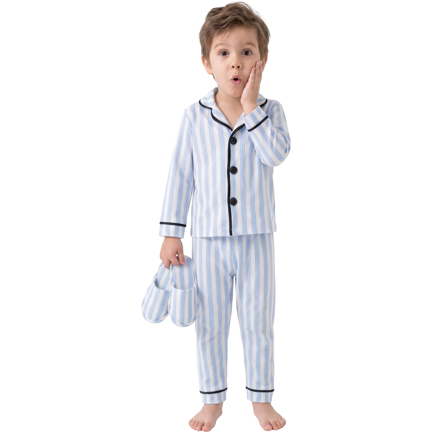 MAVİ ÇİZGİLİ TERLİKLİ 3'LÜ PİJAMA TAKIMI  4Y,5Y,6Y Erkek