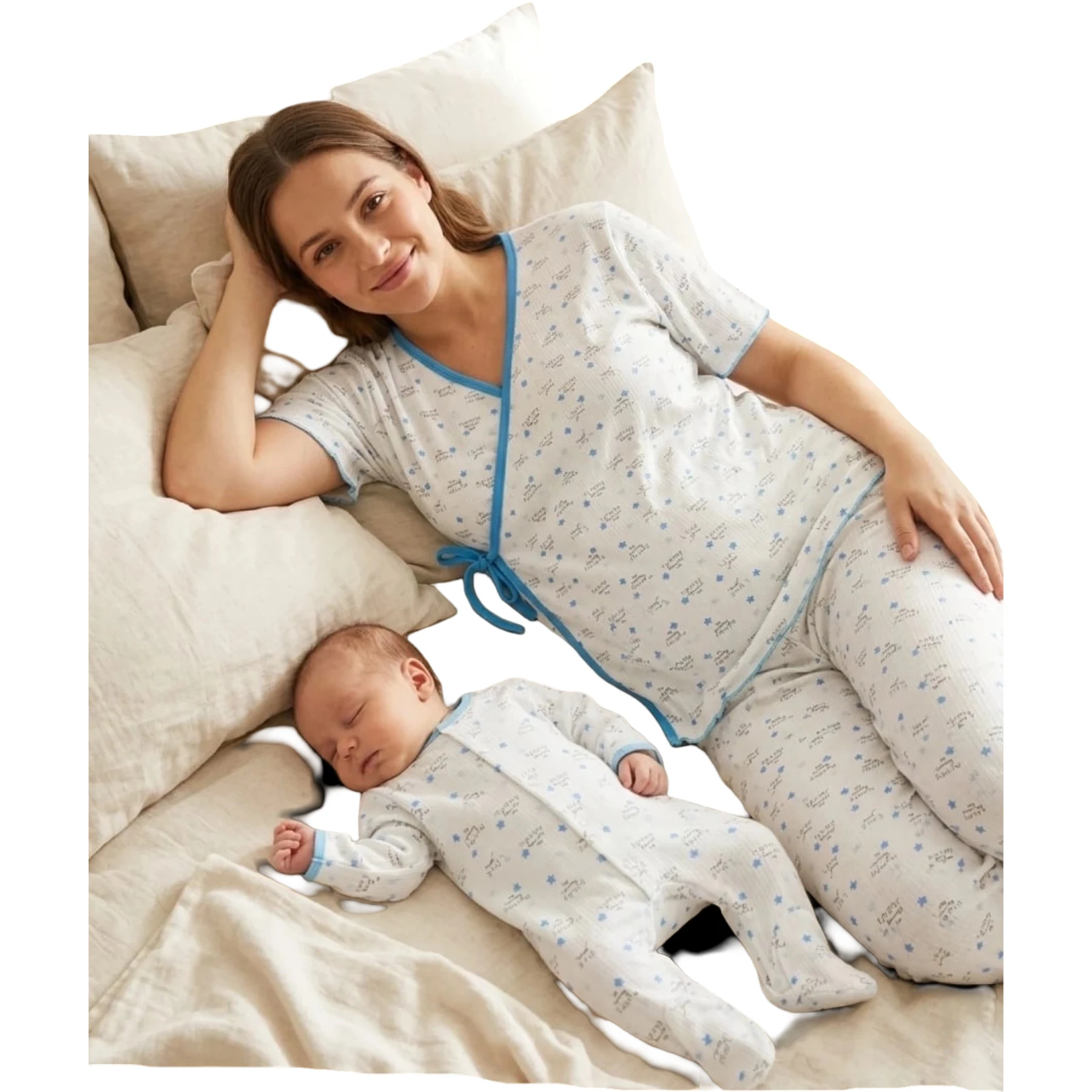 MAVİ MOM DAD BASKILI XL BEDEN ANNE BEBEK LOHUSA SET  3 Ay Erkek