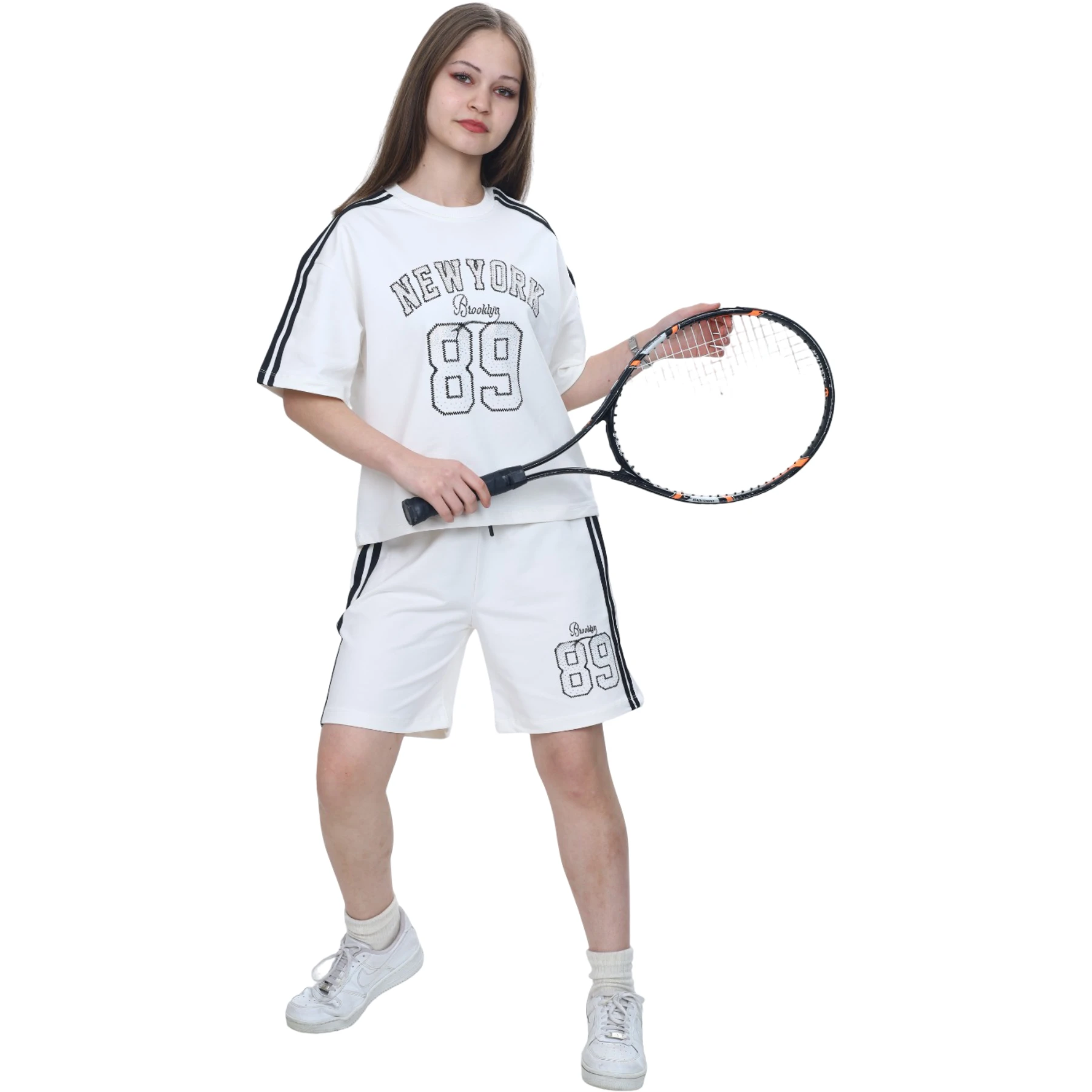 NEW YORK TAŞLI ŞERİTLİ ŞORT TAKIM  8Y,10Y,12Y,14Y,16Y Kız