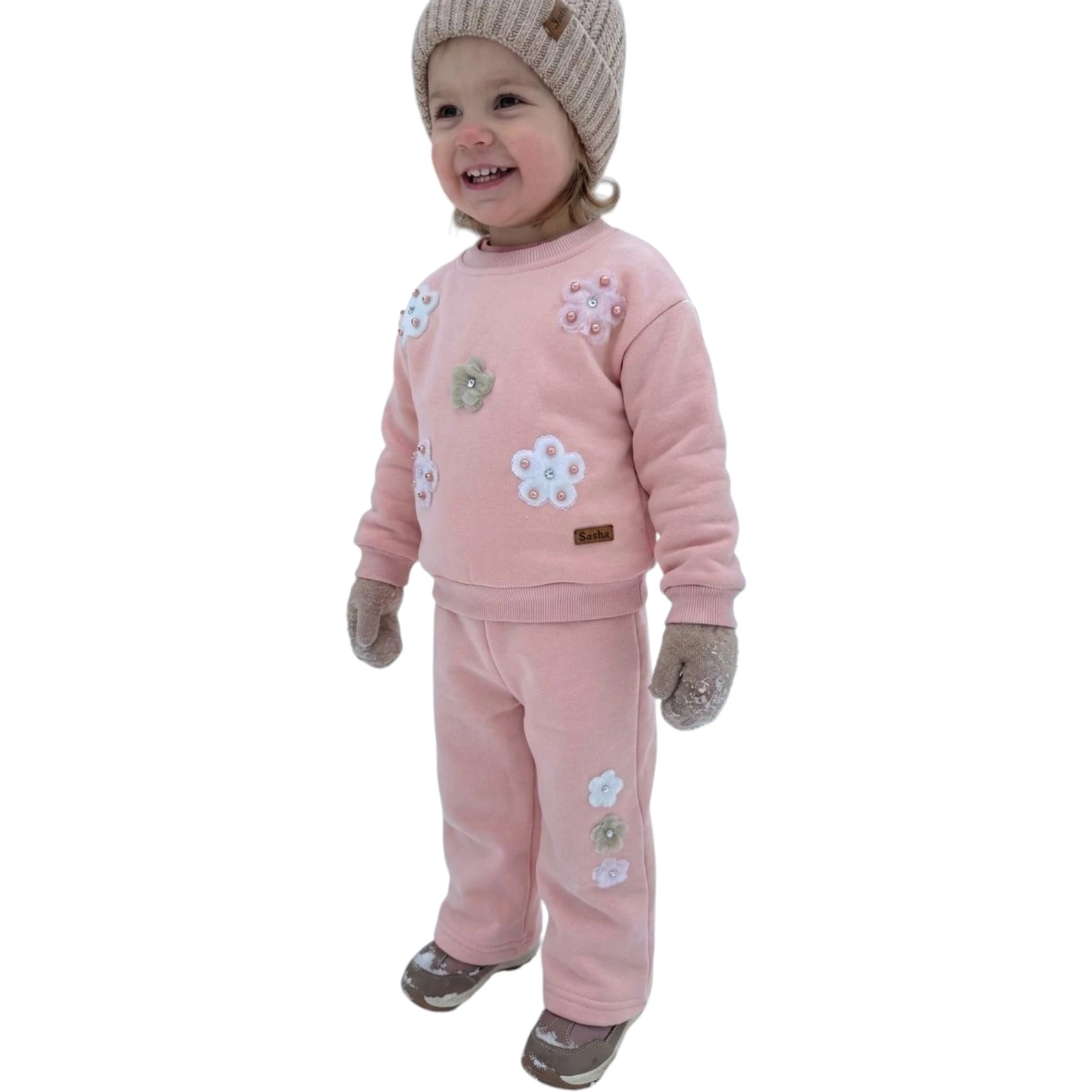 PELUŞ ÇİÇEKLİ İNCİLİ BEYOĞLU MODEL KIZ ÇOCUK İKİLİ TAKIM 12 Ay,2Y,3Y,4Y Kız