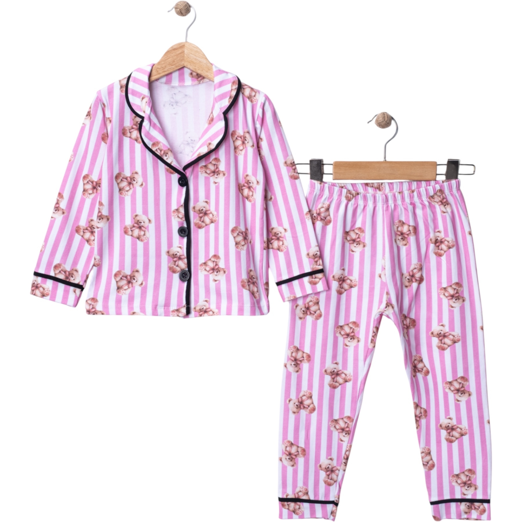 PEMBE ÇİZGİLİ AYICIKLI YAKALI PIJAMA TAKIM  4Y,5Y,6Y Kız