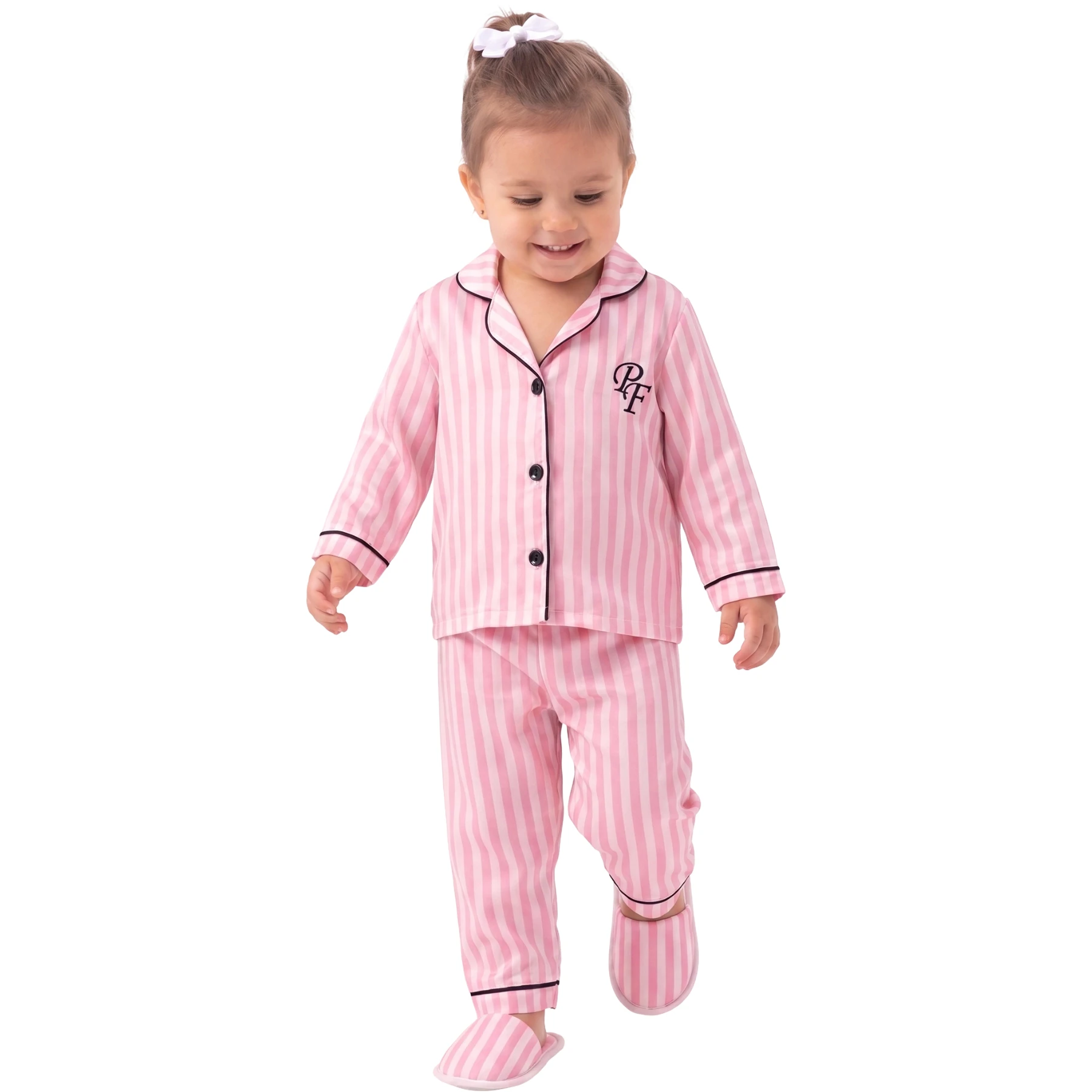 PEMBE ÇİZGİLİ VİSKON YAKALI TERLİKLİ PİJAMA 12 Ay,2Y,3Y Kız