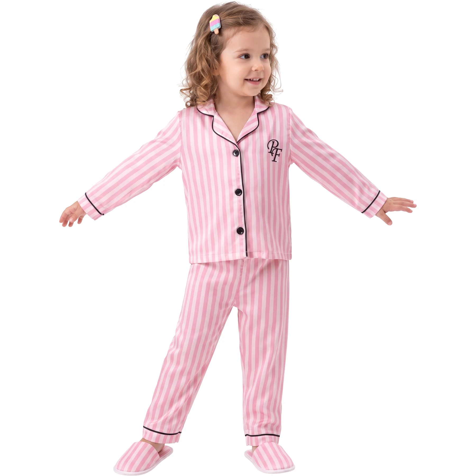 PEMBE ÇİZGİLİ VİSKON YAKALI TERLİKLİ PİJAMA 4Y,5Y,6Y Kız