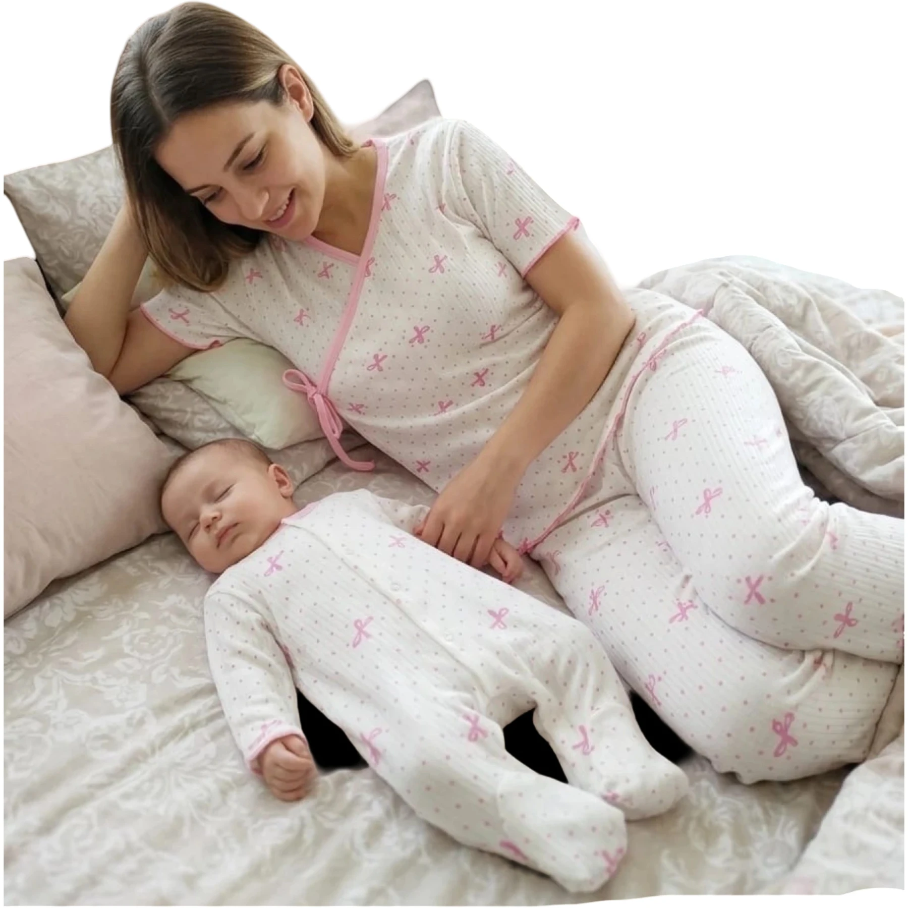 PEMBE KURDELE XXL BEDEN ANNE BEBEK LOHUSA SET  3 Ay Kız