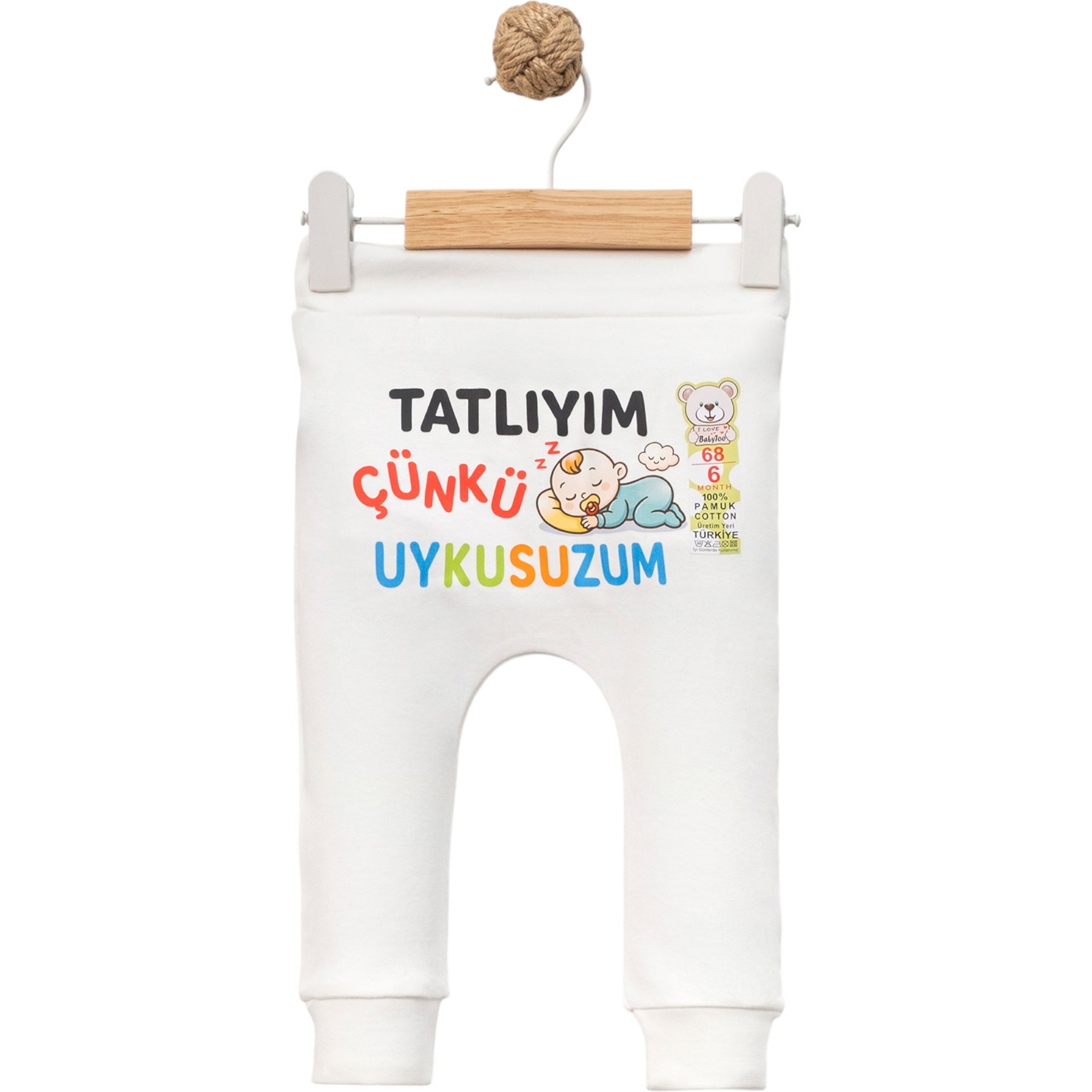 TATLIYIM ÇÜNKÜ UYKUSUZUM DTF BASKILI MANSETLİ TEK ALT 1 Ay,3 Ay,6 Ay,9 Ay Uni