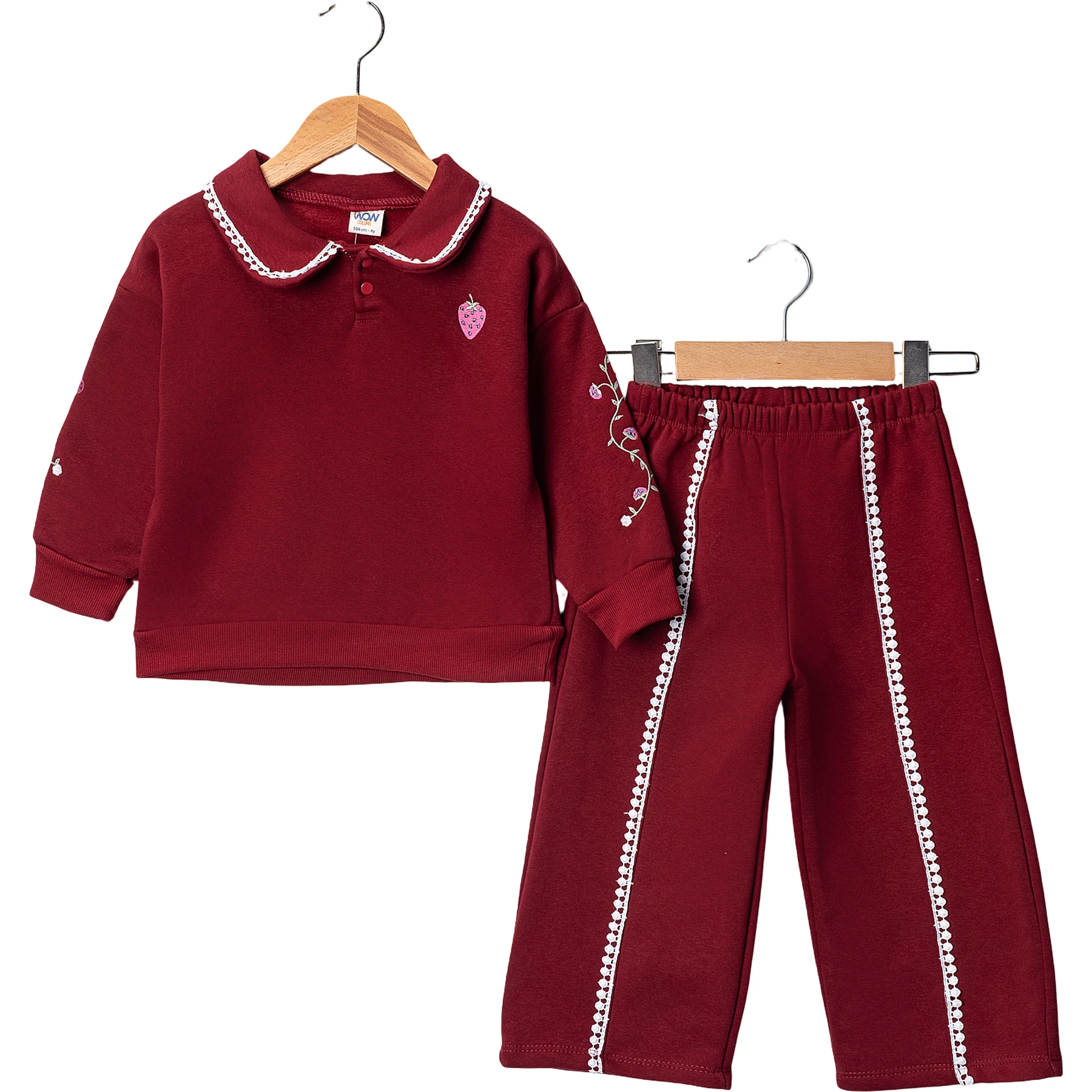 YAKALI FİSTOLU ÇİLEK NAKIŞLI İKİLİ TAKIM 12 Ay,2Y,3Y,4Y Kız