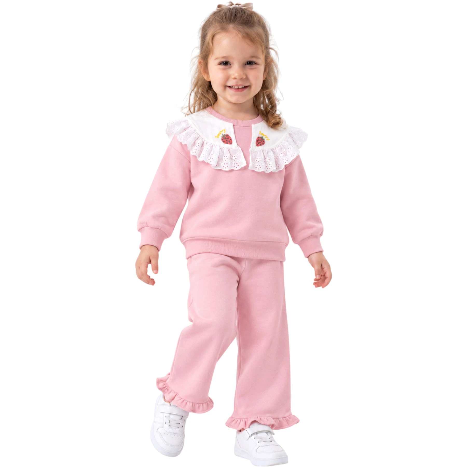 YAKASI DANTELLİ ÇİLEK NAKIŞLI İKİLİ TAKIM 12 Ay,2Y,3Y,4Y Kız