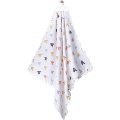80*90 CM ÇİFT KAT PONPONLU KALP DESENLİ ASKILI MÜSLİN BATTANİYE  1 Ay,2 Ay,3 Ay,6 Ay,9 Ay,12 Ay,18 Ay Uni