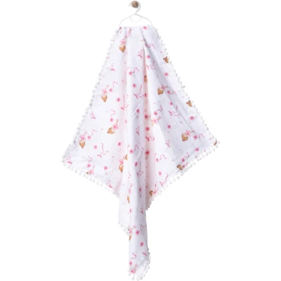 80*90 CM ÇİFT KAT PONPONLU KIZ MÜSLİN BATTANİYE  1 Ay,2 Ay,3 Ay,6 Ay,9 Ay,12 Ay,18 Ay Uni