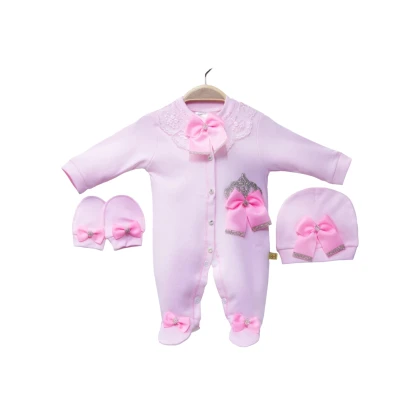 AMORE BABY DÜZ PEMBE KIZ KRALİÇE TULUM SETİ 3 Ay,6 Ay,9 Ay Kız