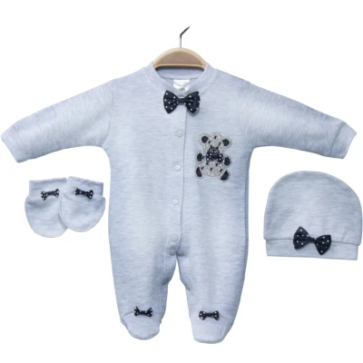 AMORE BABY GRİ KADİFE AYILI TULUM SETİ 3 Ay,6 Ay,9 Ay Erkek