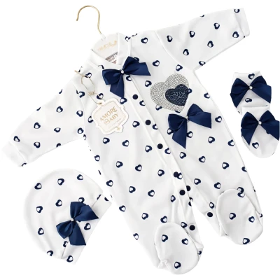 AMORE BABY LACİVERT KALP BASKILI TULUM SETİ 3 Ay,6 Ay,9 Ay Uni