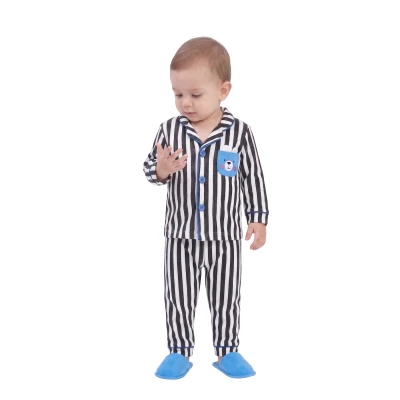 AYICIK CEPLİ ÇİZGİLİ TERLİKLİ YAKALI PİJAMA TAKIM  12 Ay,2Y,3Y Erkek