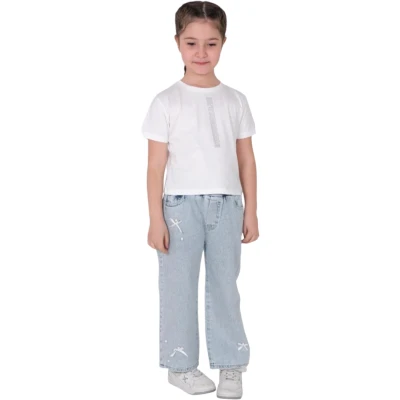 BEŞ LASTİKLİ İNCİLİ TAŞLI FYONKLI KIZ KOT PANTOLON  6Y,7Y,8Y,9Y,10Y Kız