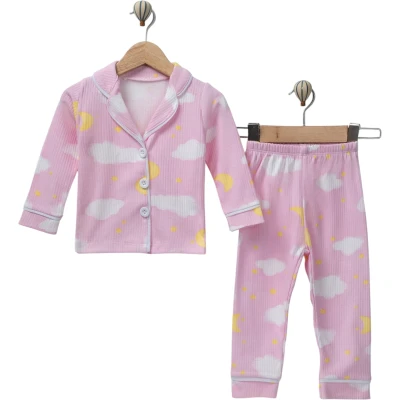 BULUTLU ÖNDEN DÜĞMELİ KIZ YAKALI PİJAMA TAKIM  12 Ay,2Y,3Y Kız