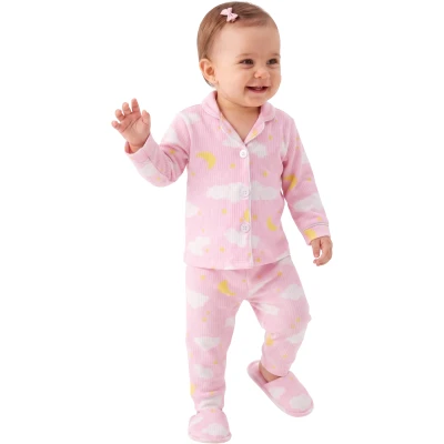 BULUTLU PEMBE TERLİKLİ KIZ 3'LÜ PİJAMA TAKIMI  12 Ay,2Y,3Y Kız