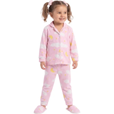 BULUTLU PEMBE TERLİKLİ KIZ 3'LÜ PİJAMA TAKIMI  4Y,5Y,6Y Kız