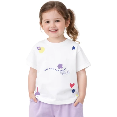 ÇİÇEK KALP BASKILI KISA KOLLU TİŞÖRT  2Y,3Y,4Y,5Y Kız