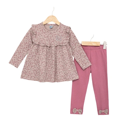 ÇİÇEK NAKIŞLI FİYONKLU KIZ TAKIM 2Y,3Y,4Y,5Y Kız