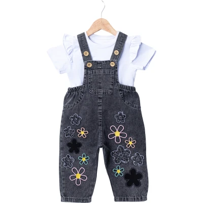 ÇİÇEK NAKIŞLI KOT SALOPET  12 Ay,2Y,3Y,4Y Kız